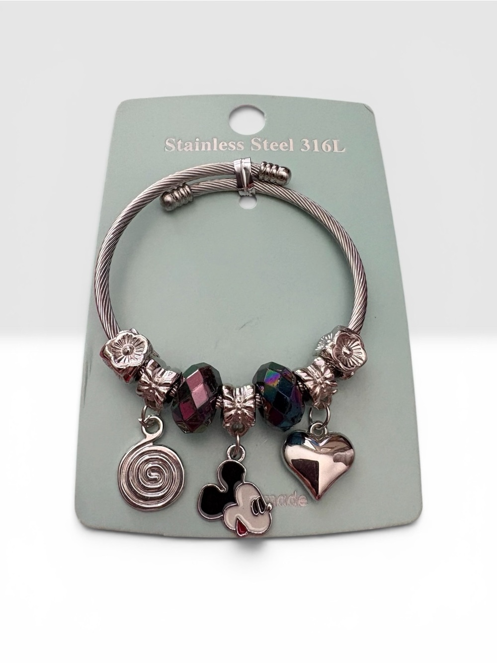 Mouse Charm Stainless Steel 316L Bangle Bracelet with Crystal Beads